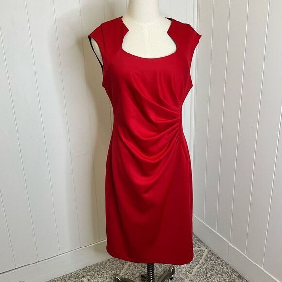 Calvin Klein Women's Size 12 Red Sleeveless Faux Wrap Midi Dress Stretch - Picture 1 of 15